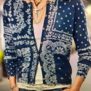 SUNDANCE Blue Paisley Patchwork Bandana Floral Cardigan with buttons, size M.